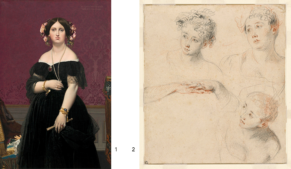 ingres-jean-auguste-dominique_madame-moitessier_watteau-antoine_three-studies-of-a-woman-head-and-a-study-of-hands