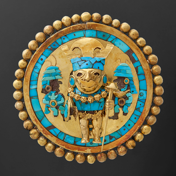 Ear Ornament Depicting a Warrior_Gold turquoise wood _Moche_A.D. 649-680_Peru Sipan_Tomb of the Lord of Sipan_tomb 1_Museo Tumbas Reales de Sipan_Lambayeque Peru Ministerio de Cultura del Peru