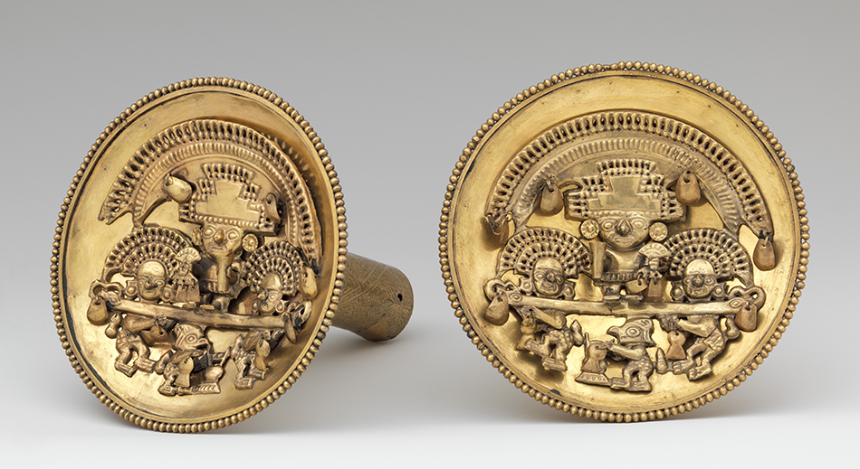 Pair of Earflares with Multifigure Scenes_Gold_ Chimú_ A.D. 1350–1470_Peru, The Metropolitan Museum of Art_ New York, Jan Mitchell and Sons Collection_Gift of Jan Mitchell_ 1991