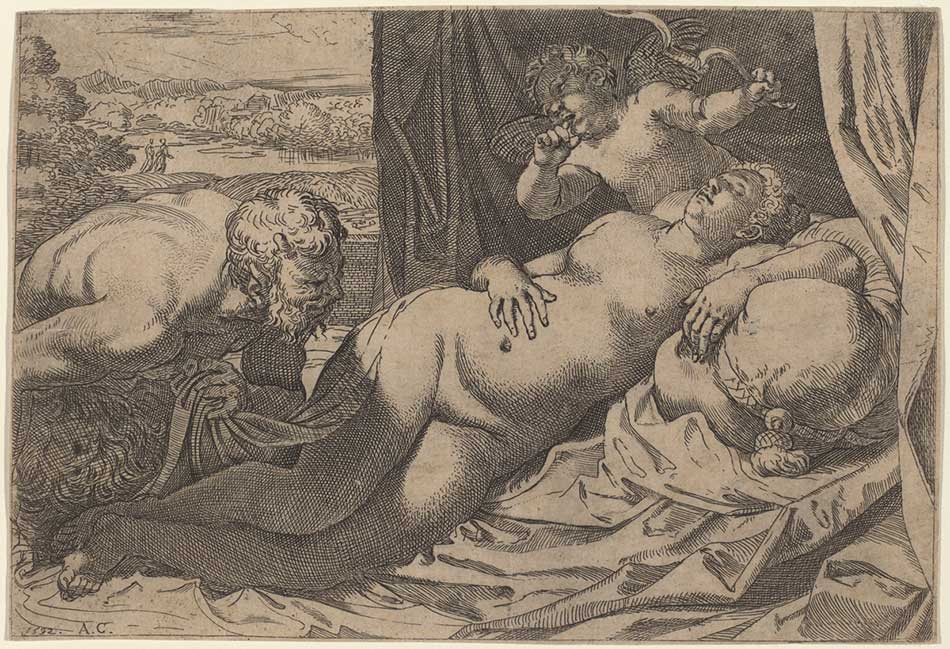 Annibale Carracci (Italian, 1560 - 1609 ), Venus and a Satyr, 1592, etching with engraving on laid paper, Gift of Kate Ganz