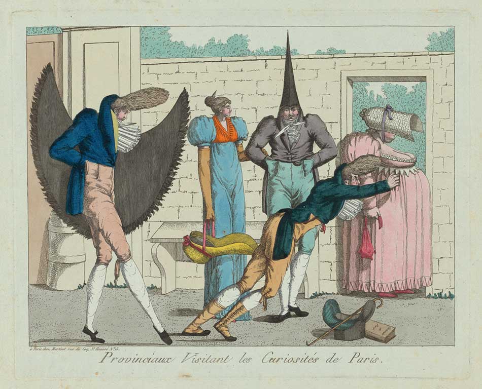 French 19th Century, Provinciaux visitant les curiosités de Paris (Provinicials Visiting the Curiosities of Paris), c. 1805, etching with publisher's hand coloring in watercolor on pale green laid paper, Katharine Shepard Fund 2015.49.3
