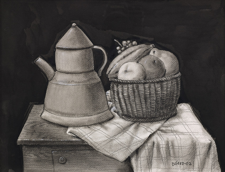 Fernando-Botero---Still-life-with-fruits-and-coffee-pot---2002---chalice-and-watercolor-on-paper---Courtesy-Custot-Gallery-Dubai-and-the-artist_950w