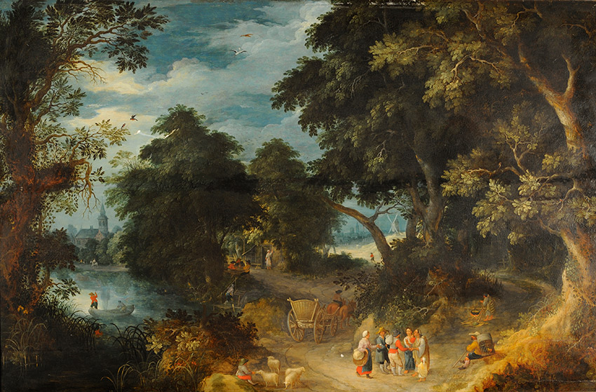 Abraham-Govaerts,-Flemish_-A-wooded-river-landscape-with-gypsies-and-peasants-on-a-path,-men-in-a-boat-and-a-village-beyond_850 W