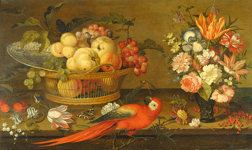 Balthazar-van-der-Ast,-Dutch_A-basket-of-fruit-with-a-wanlikraak-porcelain-dish,-a-vase-of-flowers,-a-parrot,-a-lizard-and-insects-on-a-ledge_850 W