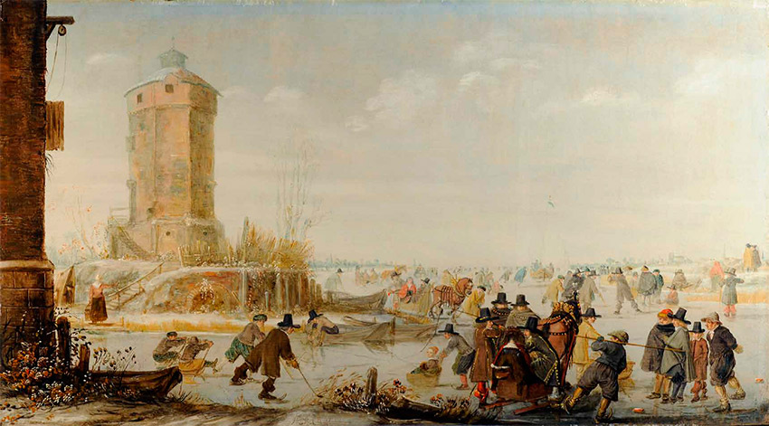 Barent-Avercamp_-dutch_Skaters,-Kolf-Players-and-Elegant-Figures-with-Horse-Drawn-Sleighs-on-a-Frozen-Riverby-a-Tower_850 W