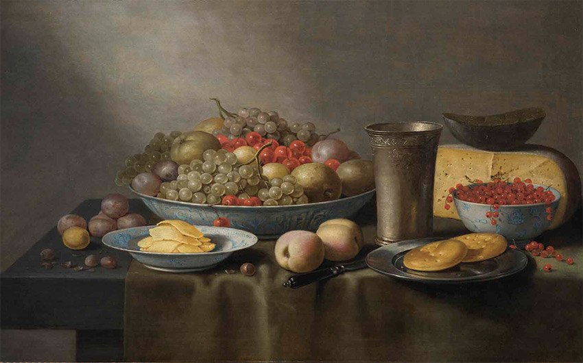 Floris Gerritsz. van Schooten_dutch_A Still Life of Fruit in Wanlikraak Porcelain Bowls, Cheese, a Silver Beaker, and Bread on a Pewter Plate on a Draped Table_850-W