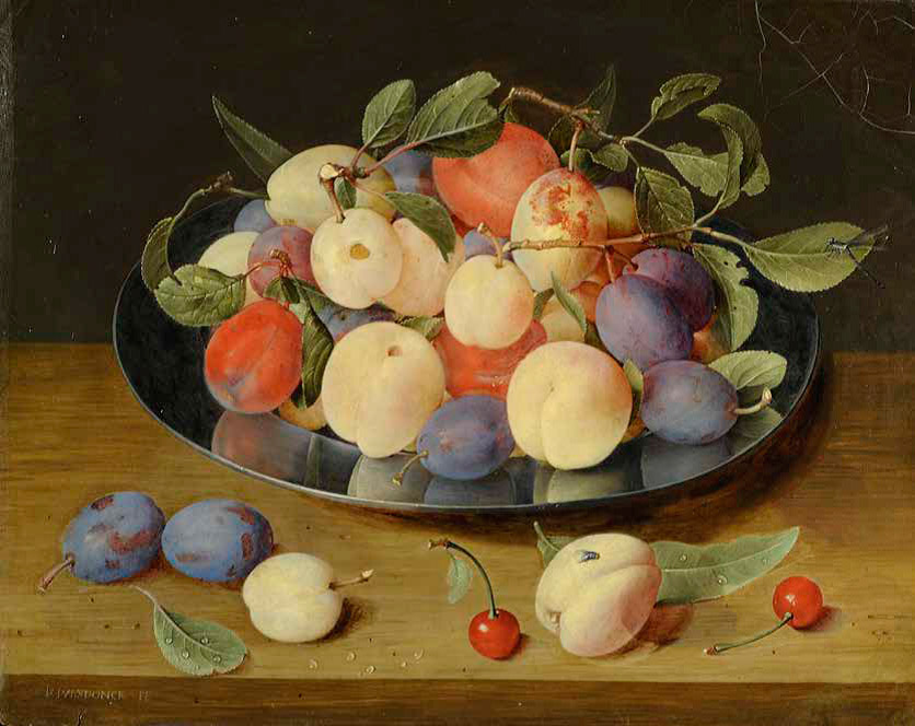 Jacob-van-Hulsdonck_flemishPlums-and-Peaches-on-a-Pewter-Plate,-with-Plums,a-Peach-and-Cherries-on-a-Table_836-W