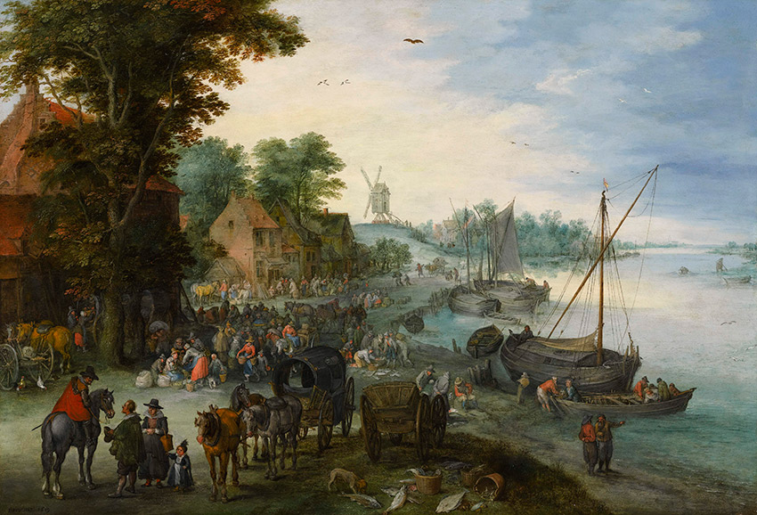 Jan-Brueghel-the-Elder---A-wooded-river-landscape-with-a-fish-market-and-fishing-boats_850-W