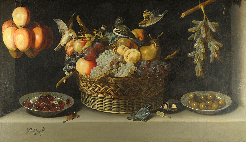 Juan-van-der-Hamen-y-Leon,-Spanish_Still-Life-with-a-basket-of-fruit-with-two-plates-of-fruit-and-two-birds,-all-on-a-stone-ledge_850-W