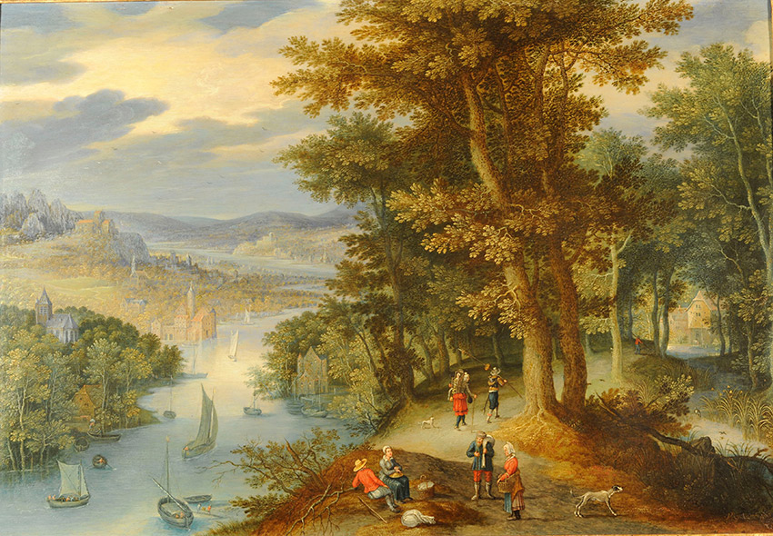 Maerten-Ryckaert,-Flemish_-An-extensive-wooded-river-landscape-with-travelers-on-a-path-and-shipping-on-a-river-below_850-w