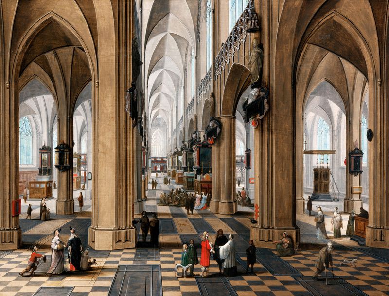 Peeter Neeffs The Elder_A church interior with elegant figures strolling and figures attending mass