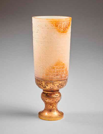 Footed cup_ jade and gilt bronze_Han dynasty, 13.8 × 5.2 cm