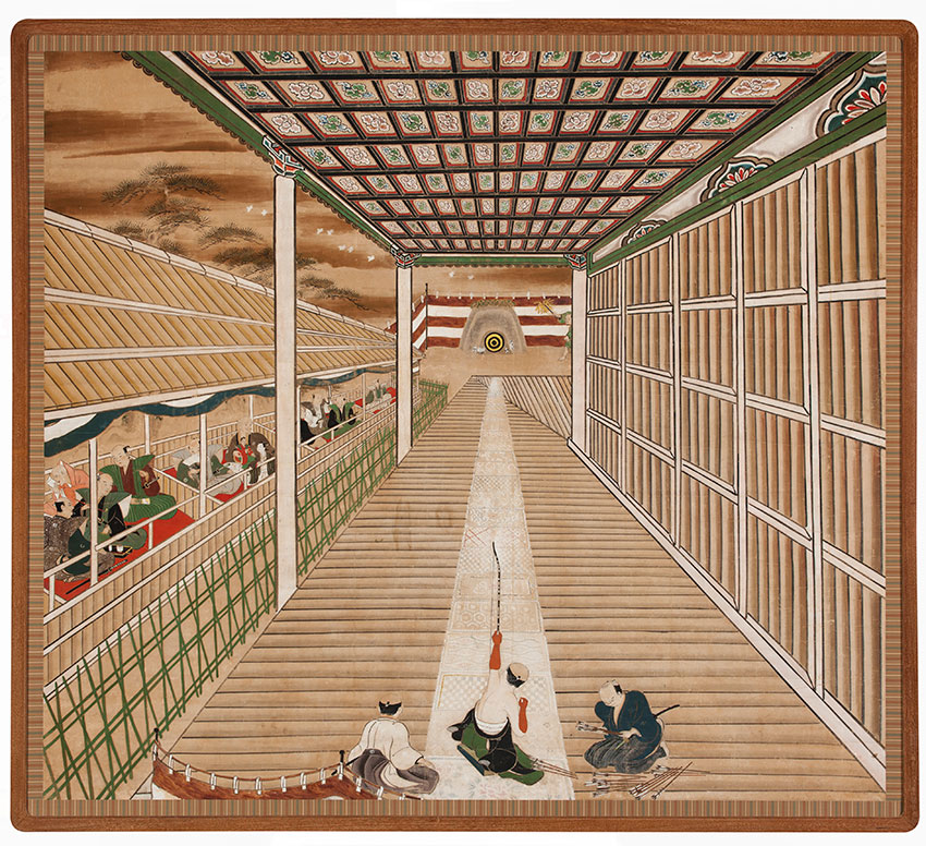 Japan- Archery contest at Sanjūsangendō -Sanjūsangendō tōshiya no zu- c.1750- Kyoto- tsuitate screen mounted on panel- opaque watercolour- ink and gold on paper