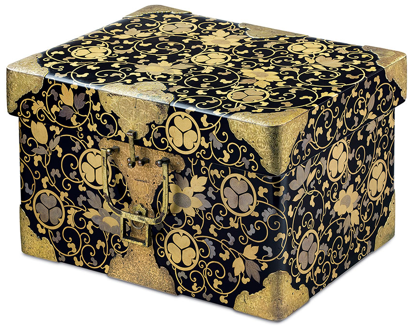 Japan- Portable storage chest –hasamibako- 18th century- Japan- wood- lacquer- gold leaf- metal, embossed paper
