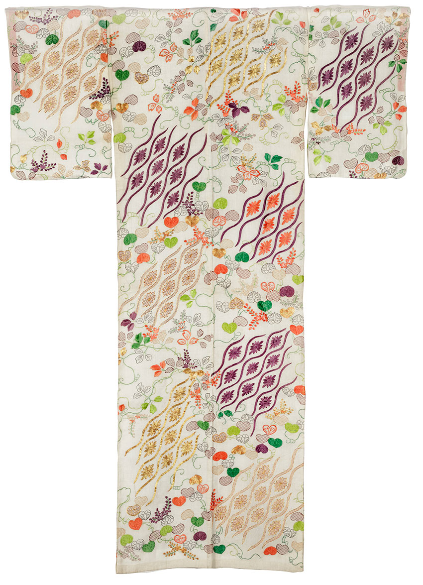 Japan, Summer robe (katabira), with hollyhock, chrysanthemum and ‘rising steam’ motifs, c.1780, Edo (Tokyo), BACK