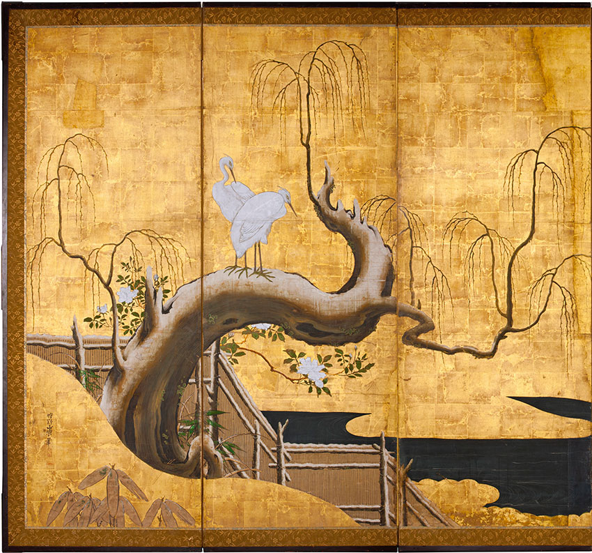 Kanō Sanraku, Japan, 1559 - 1635, Birds, tree and flowers, 1619-35, Kyoto, Japan, six panel screen, ink, colour and gold on paper_DETAIL