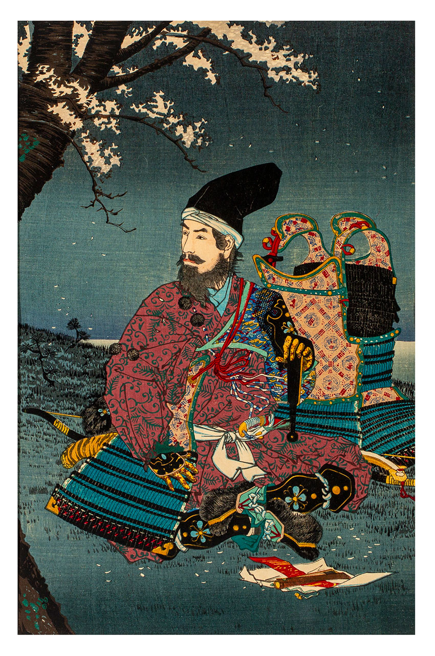 Kiyochika Kobayashi, Japan, 1847 - 1915, Taira no Tadanori (1144–1184) resting under a cherry tree, 1884 (Meiji 17), Tokyo, woodblock print, ink and colour on paper, triptych__detail 2