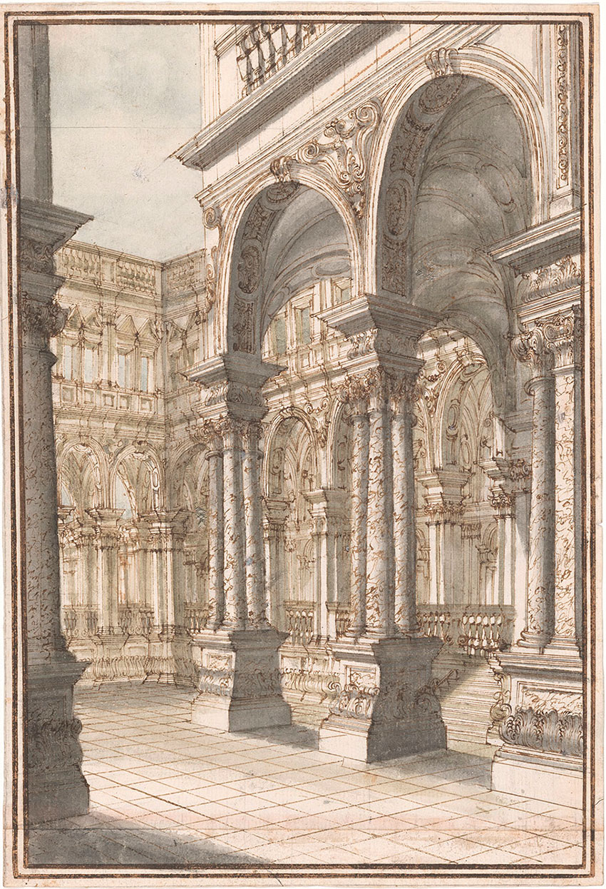 Ferdinando Galli?, A Courtyard of a Palace, a Design for the Stage, No. 8 RECTO  Collection of Jules Fisher, Bibiena drawings, L2019.137.8