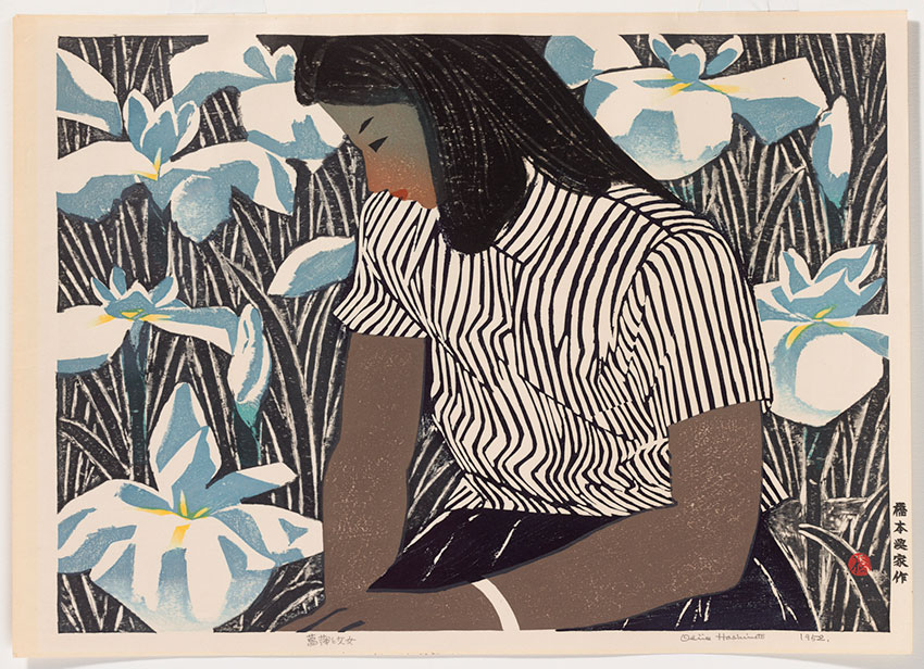 Hashimoto-Okiie.-Japanese,-1899–1993.-Young-Girl-and-Iris,-1952,-color-woodblock-print.-Clark-Art-Institute,-Gift-of-the-Rodbell-Family-Collection,-2014.16.52_850-W