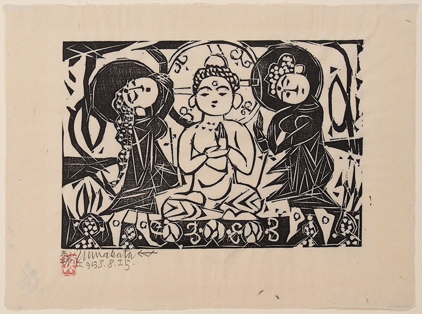 Munakata Shiko. Japanese, 1903–1975. Gautama and Bodhisattvas, 1951. Woodblock print, sheet 13 38 x 17 1516 in. Clark Art Institute, William J. Collins Collection, 1982.114