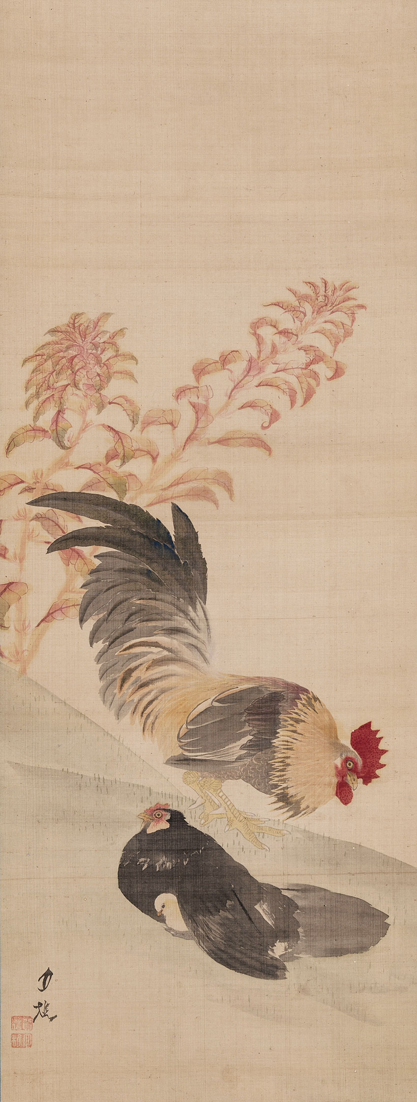 Cho Gessho. Kyoto, Nagoya, 1772-1832. A rooster and hen by a red flowering amaranth. Beginning 19th century. Painting in ink and colours on silk,, 98,1 x 37,3 cm_RET