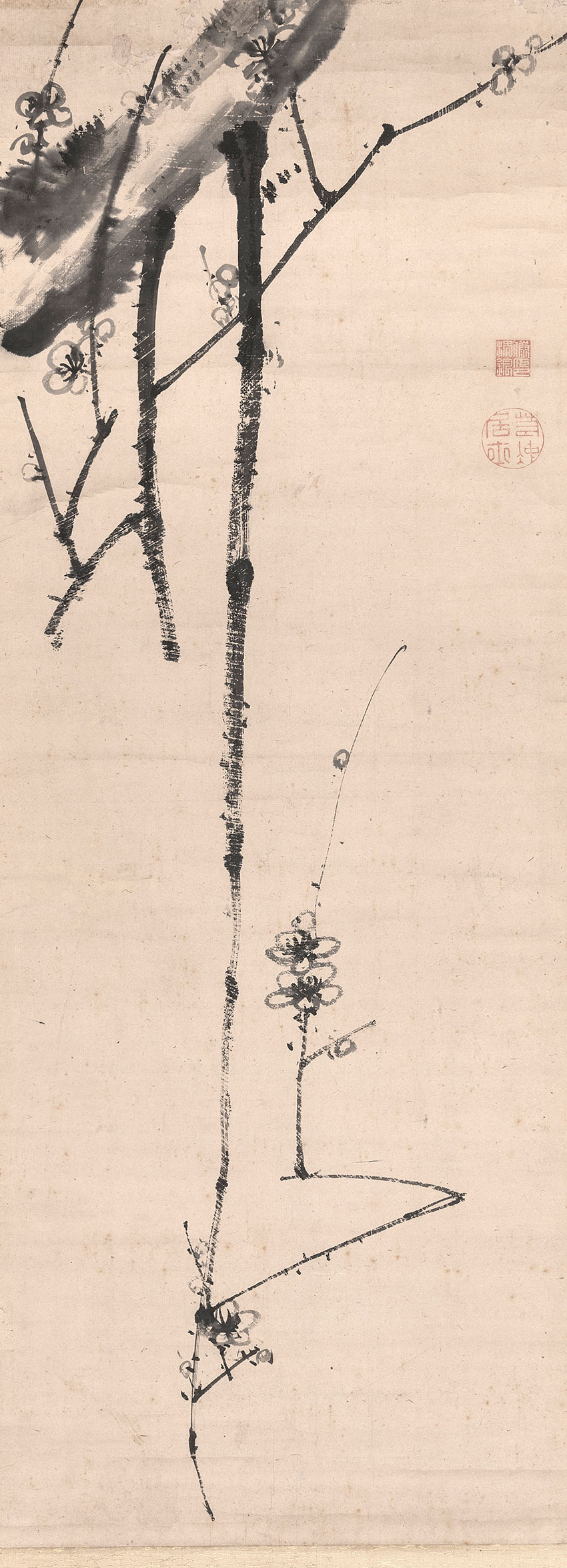 to Jakuchu. 1716-1800. An almost calligraphic handling of branches of a flowering plum. Painting in ink on paper, 116,3 x 42,3 cm_RET