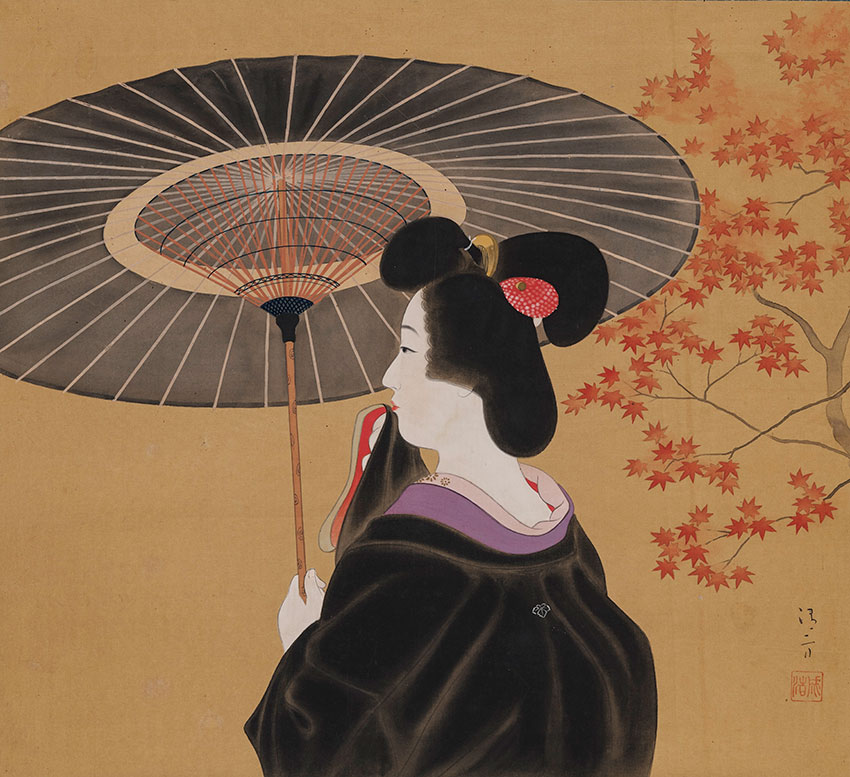 Kaburagi Kiyokata. Tokyo, 1878-1972. A geisha holding a parasol under a maple tree -momiji. Signed Kiyokata, sealed Seik-o. Painting in ink and colours on silk, 45,7 x 50,9 cm_RET