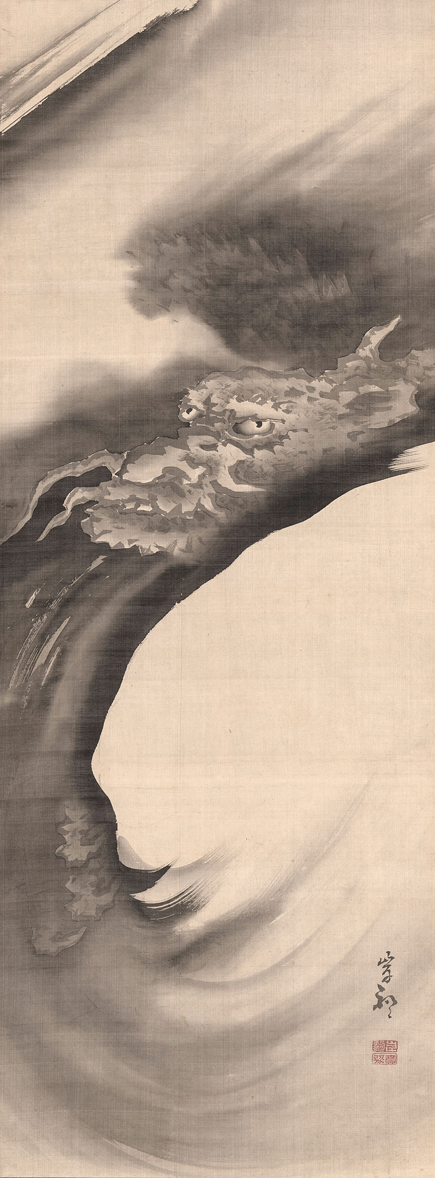 Kishi Ganku. Kyoto, 1749 o 1756-1839. A dragon, in two of its typical elements, the waves, where dragons live, and the clouds, 1785-1808. Painting in shades of ink on silk, 95,5 x 35,4 cm_RET