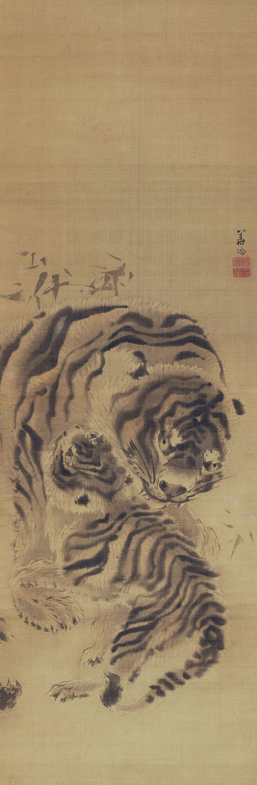 Kishi Ganku. Kyoto, 1749 o 1756-1839. A tiger licks its cub, Ink painting on silk 97,3 x 31,6 cm_RET