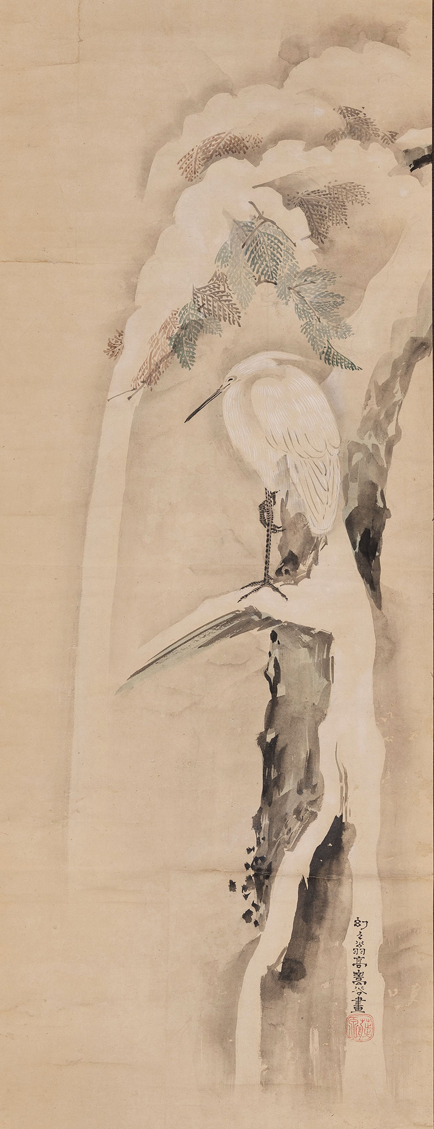 Ko Sukoku. Edo, 172930-1804. A white heron,1804.Painting in ink and colours on paper, 100,2 x 38 cm_RET