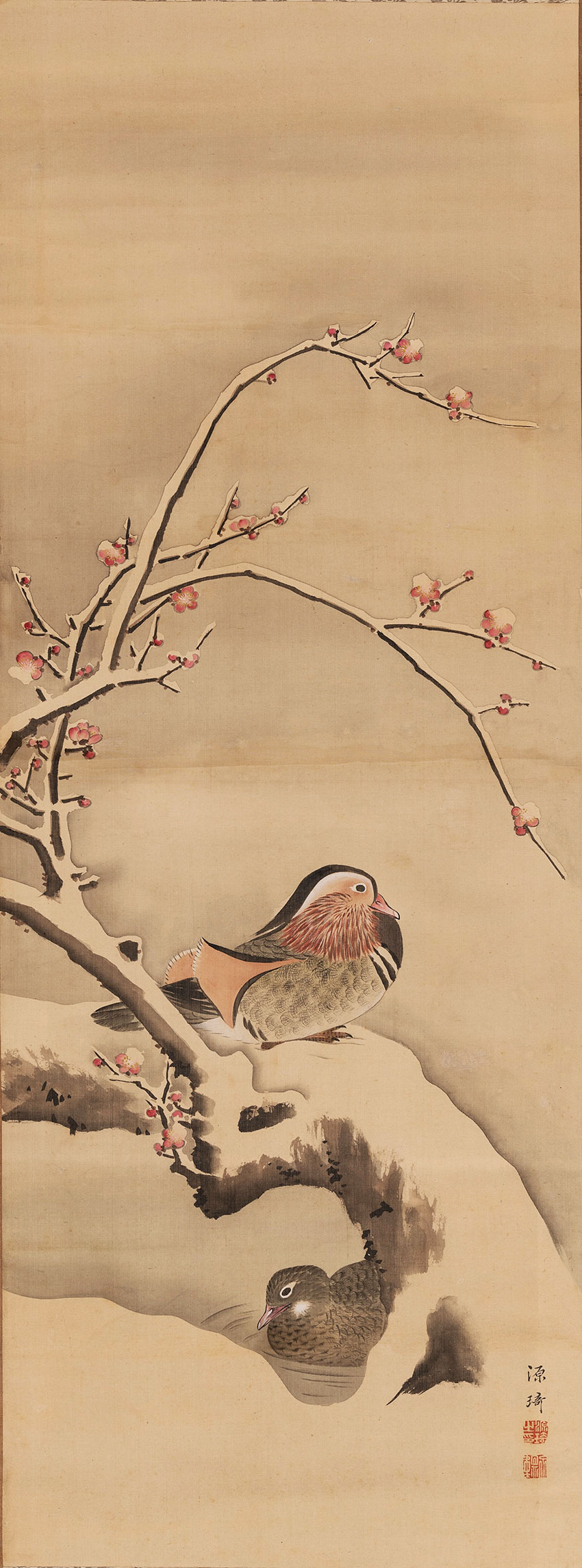 Komai Ki, noto anche come Genki. Kyoto, 1747-1797. A couple of mandarin ducks, 1780s-90s. Painting in ink and colours on silk, 113,8 x 41,6 cm_RET