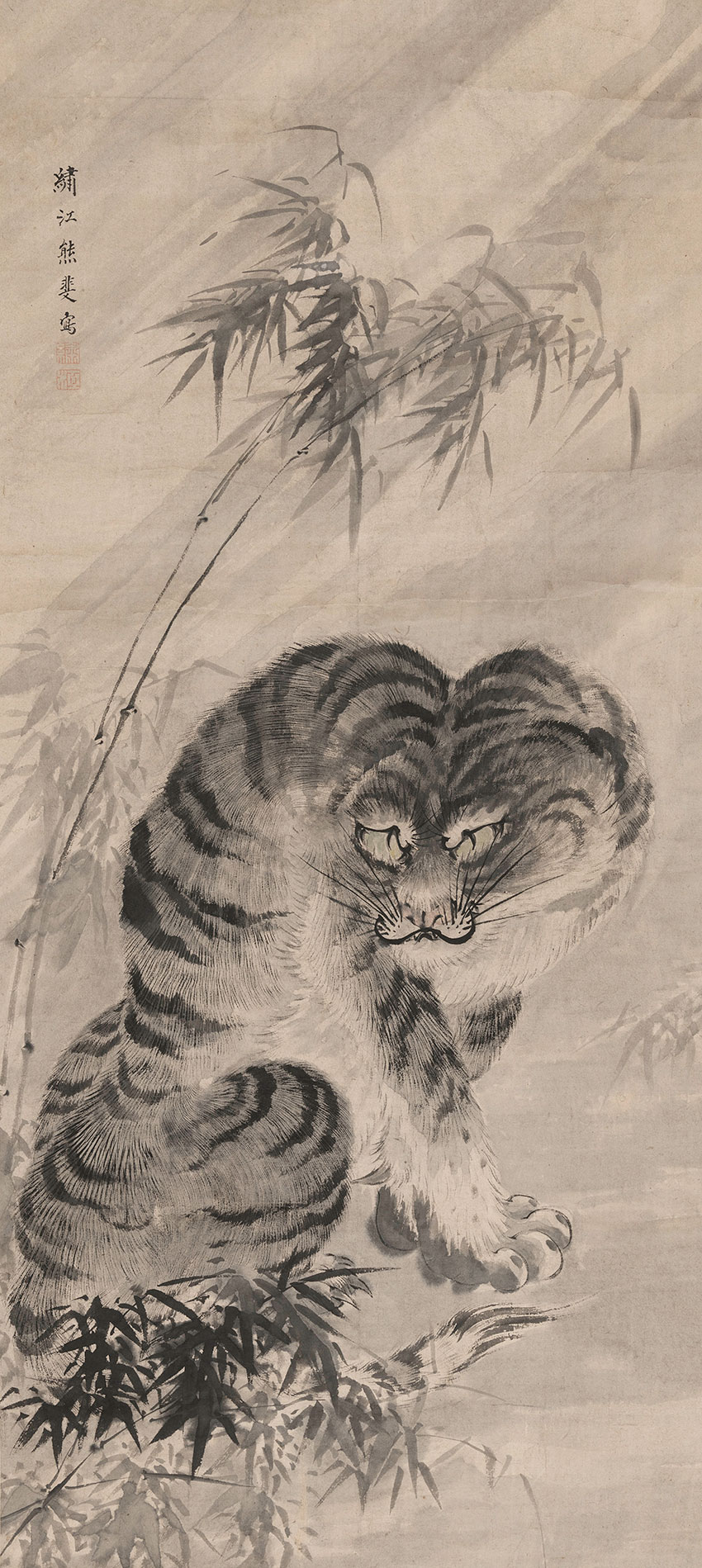 Kumashiro Yūhi. Nagasaki, 1693 or 1713-1772. A tiger among bamboo grass, Mid-18th century. Painting in ink on paper, 108,6 x 48,3 cm_RET