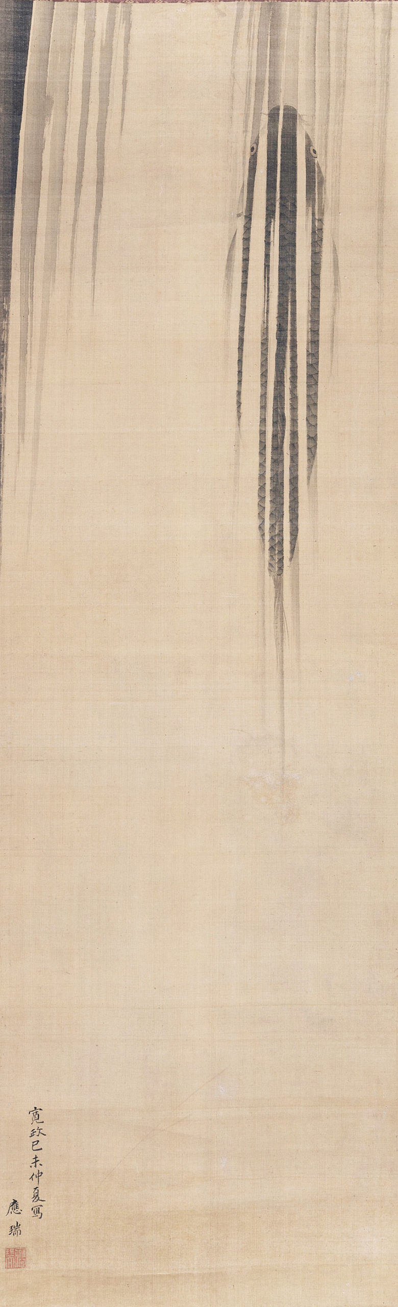 Maruyama Ōzui. Kyoto, 1766-1829. A carp _koi_ ascending a waterfall. Datato V1799. Painting in ink on silk, 103,1 x 31,8 cm_RET
