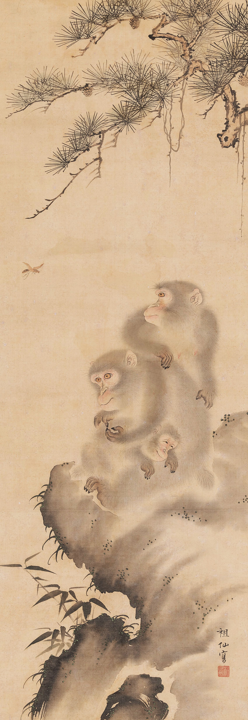 Mori Sosen. Osaka, 1747-1821. A family of monkeys, Late 18th century. Painting in ink and colours on silk, 108 x 37,9 cm_RET