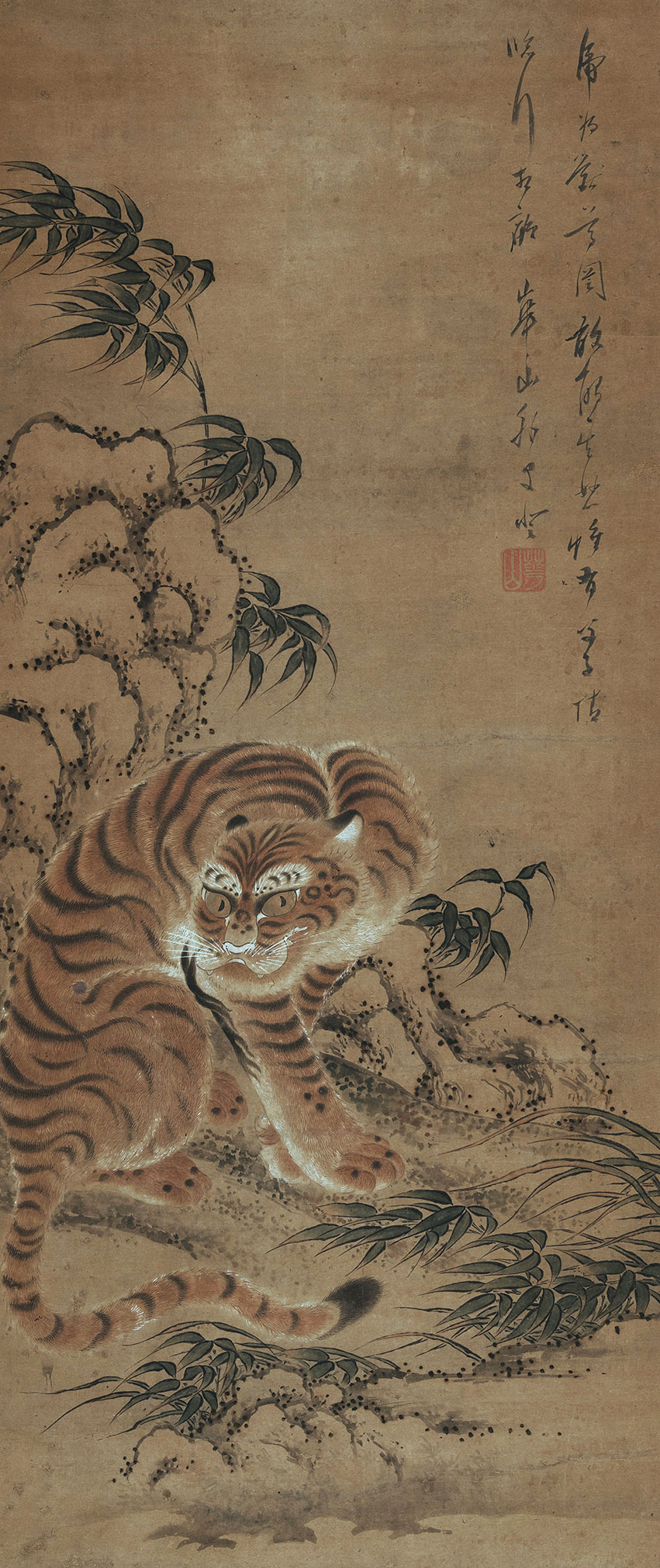 Watanabe Kazan. Edo, 1793-1841. A tiger seeking shelter under a rock, 1810s. Painting in ink and colours on paper, 125 x 52,5 cm_RET
