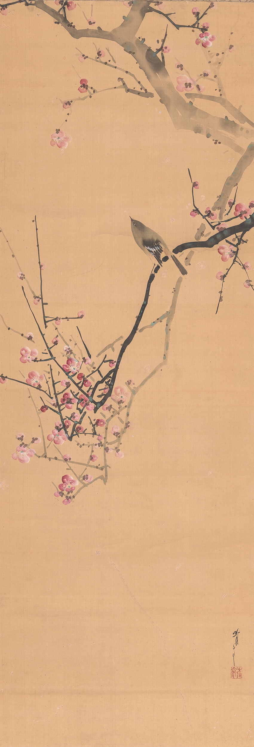 Watanabe Seitei, Tokyo, 1852-1918. A bush warbler on a branch of a flowering plum, 1910s. Painting in ink and colours on silk, 118,7 x 41,2 cm_RET