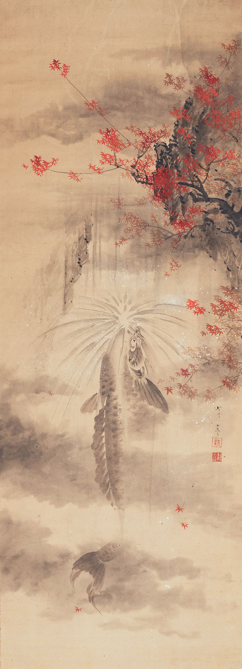 Watanabe Seitei. Tokyo, 1851-1918. A carp ascending a waterfall, Late 1870s. Painting in ink and colours on paper, 136,5 x 49,3 cm_RET