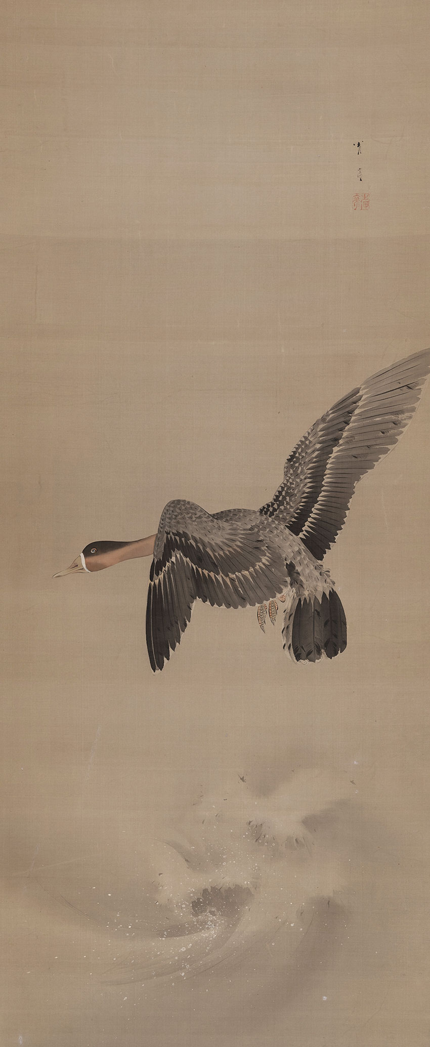 Watanabe Seitei. Tokyo, 1852-1918. A goose in flight, 1900s. Painting in ink and colours on silk, 115,5 x 47,6 cm_RET