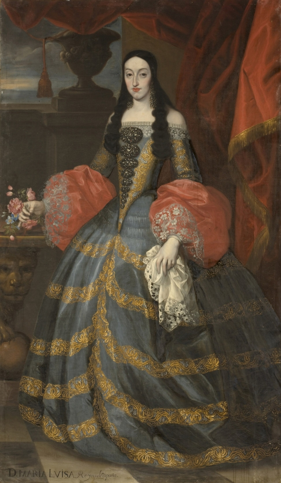 La reina María Luisa, con rosas en la mano derecha. Autoría desconocida.1650-1700. Oleo sobre tela. Alto 210 cm; Ancho 122,5 cm (1) - copia