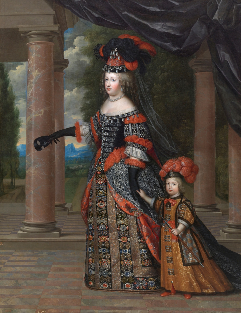 La reina María Teresa de Austria y el Gran Delfín de Francia, Charles Beabrun y Henri Beabrun. Hacia 1664. Óleo sobre tela. Alto 225 cm; Ancho 175 cm